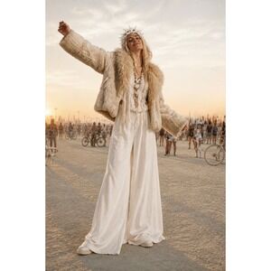 Genuine Rabbit Fur Coat Mongolian Lamb Collar Cream Ivory Jacket Women's Size L